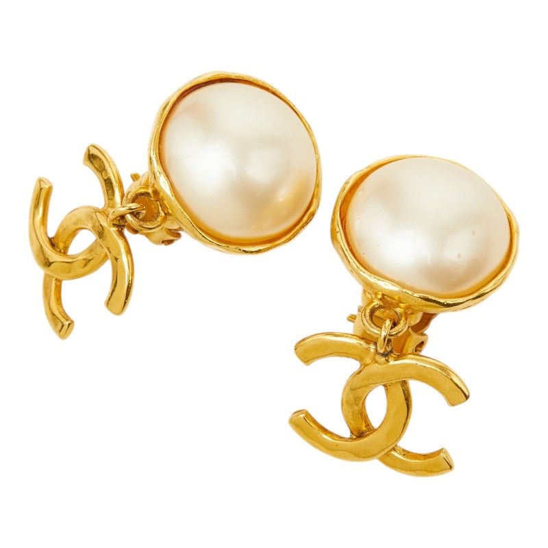 Chanel 95P CC Logo Vintage Swing Earrings 95 Gold Plated Faux Pearl