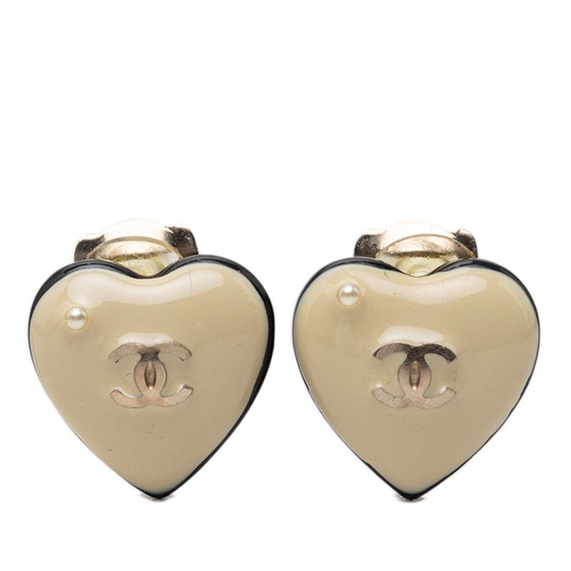 Chanel 06P CC Logo Heart Motif Earrings Gold Beige Black Plated Faux Pearl