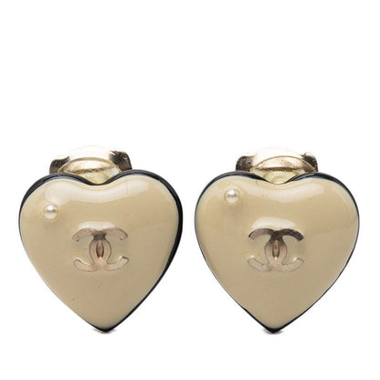 Chanel 06P CC Logo Heart Motif Earrings Gold Beige Black Plated Faux Pearl