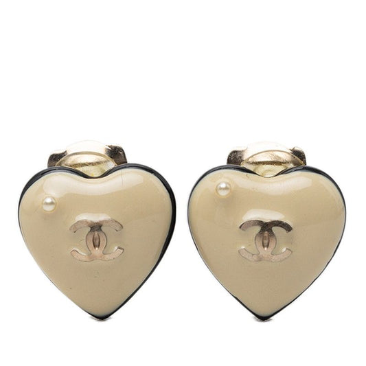 Chanel 06P CC Logo Heart Motif Earrings Gold Beige Black Plated Faux Pearl