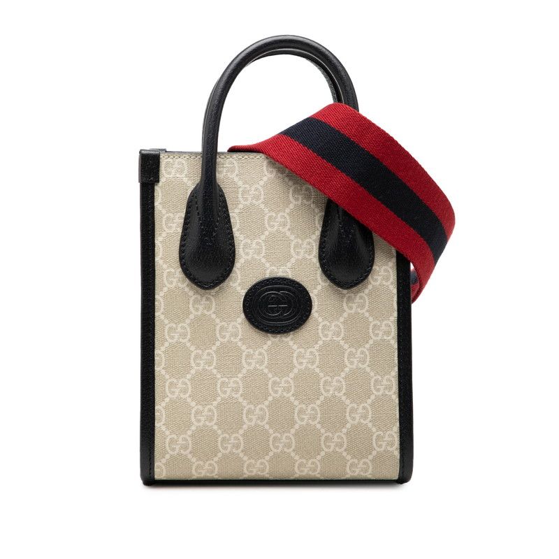 Gucci GG Supreme Mini Tote Shoulder Bag 2-Way Natural Navy Leather
