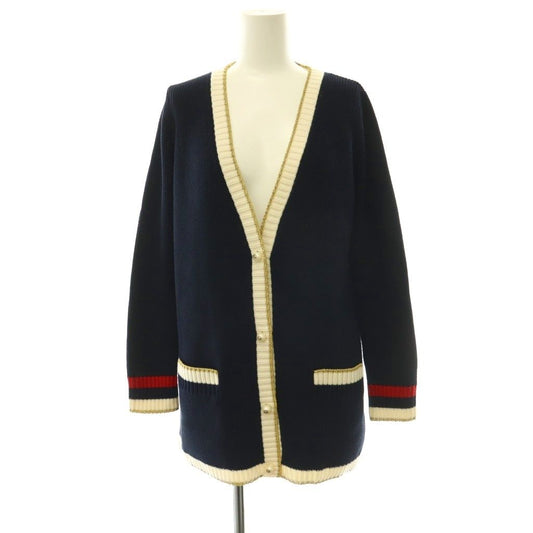 Gucci Embroidery GG Pearl Button Neck Cardigan Knit XS Navy Multicolor