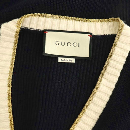 Gucci Embroidery GG Pearl Button Neck Cardigan Knit XS Navy Multicolor — view 8
