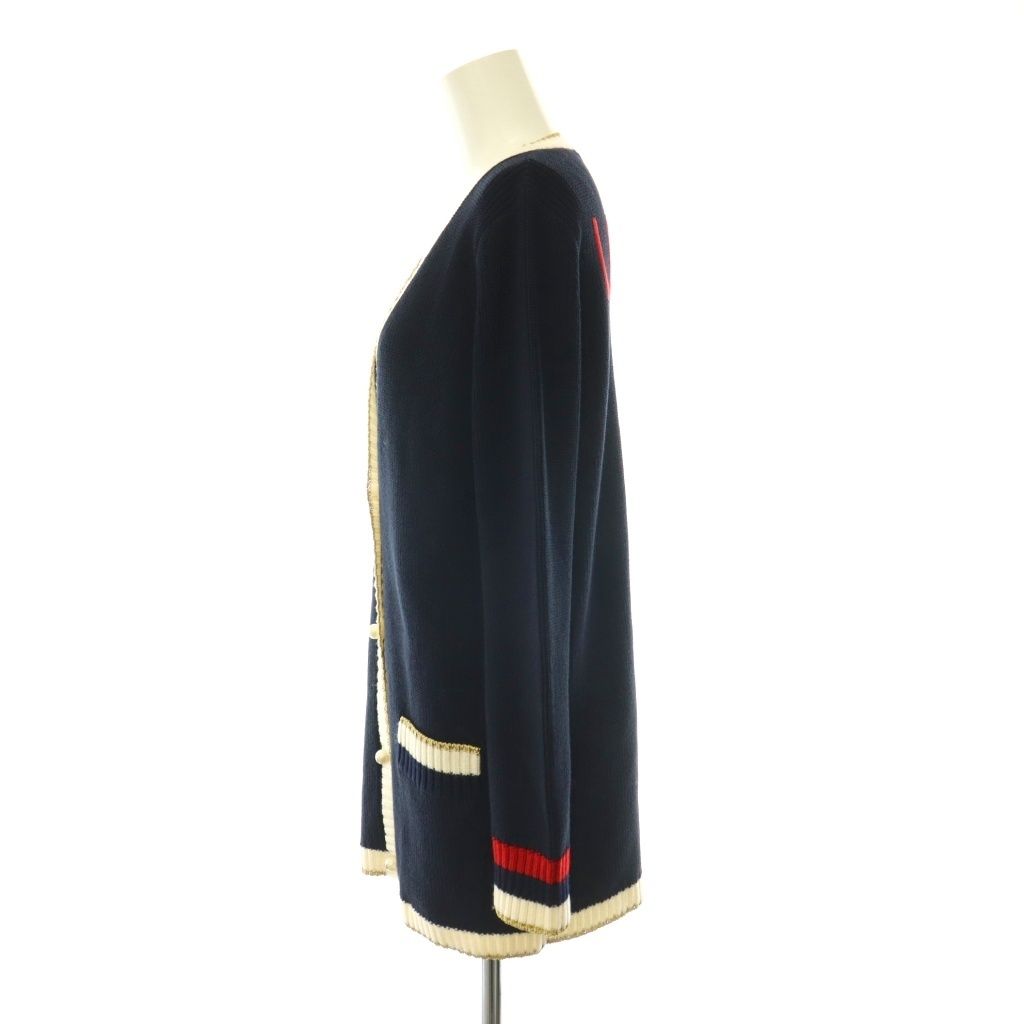 Gucci Embroidery GG Pearl Button Neck Cardigan Knit XS Navy Multicolor — view 3