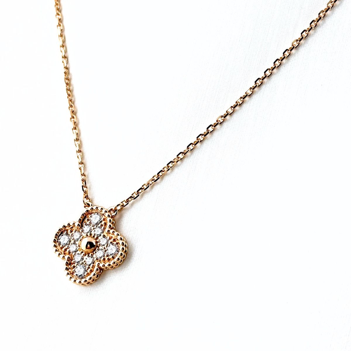 Van Cleef & Arpels Vintage Alhambra Necklace Pink Gold Pendant Pave Diamond