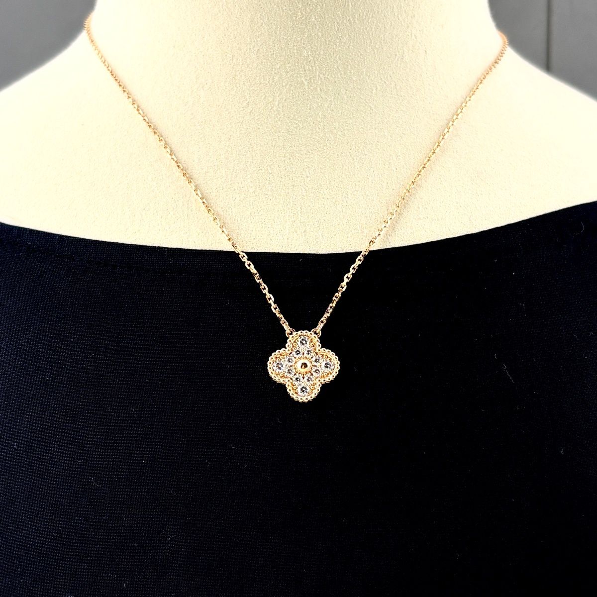 Van Cleef & Arpels Vintage Alhambra Necklace Pink Gold Pendant Pave Diamond — view 3