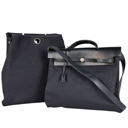 Hermes Herbag MM Handbag 2-Way Toile Officier Black