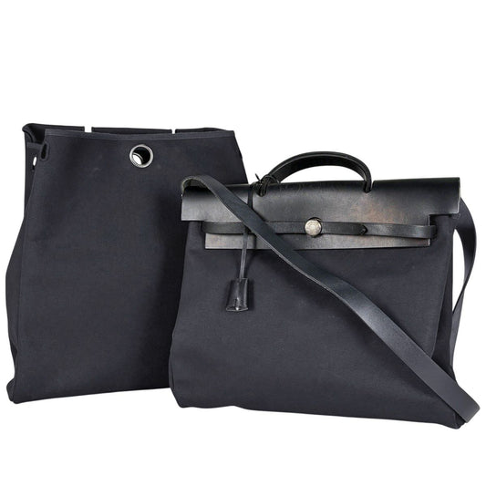 Hermes Herbag MM Handbag 2-Way Toile Officier Black