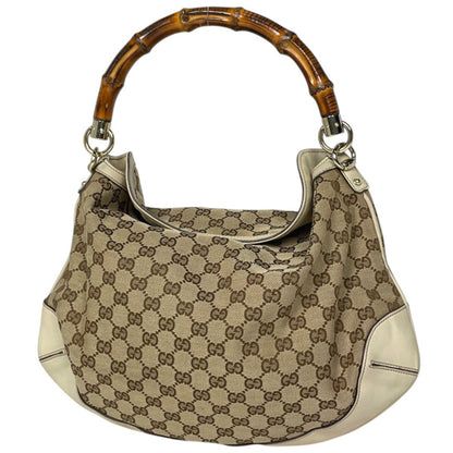 Gucci Shoulder Bag GG Pattern Bamboo Canvas Beige White