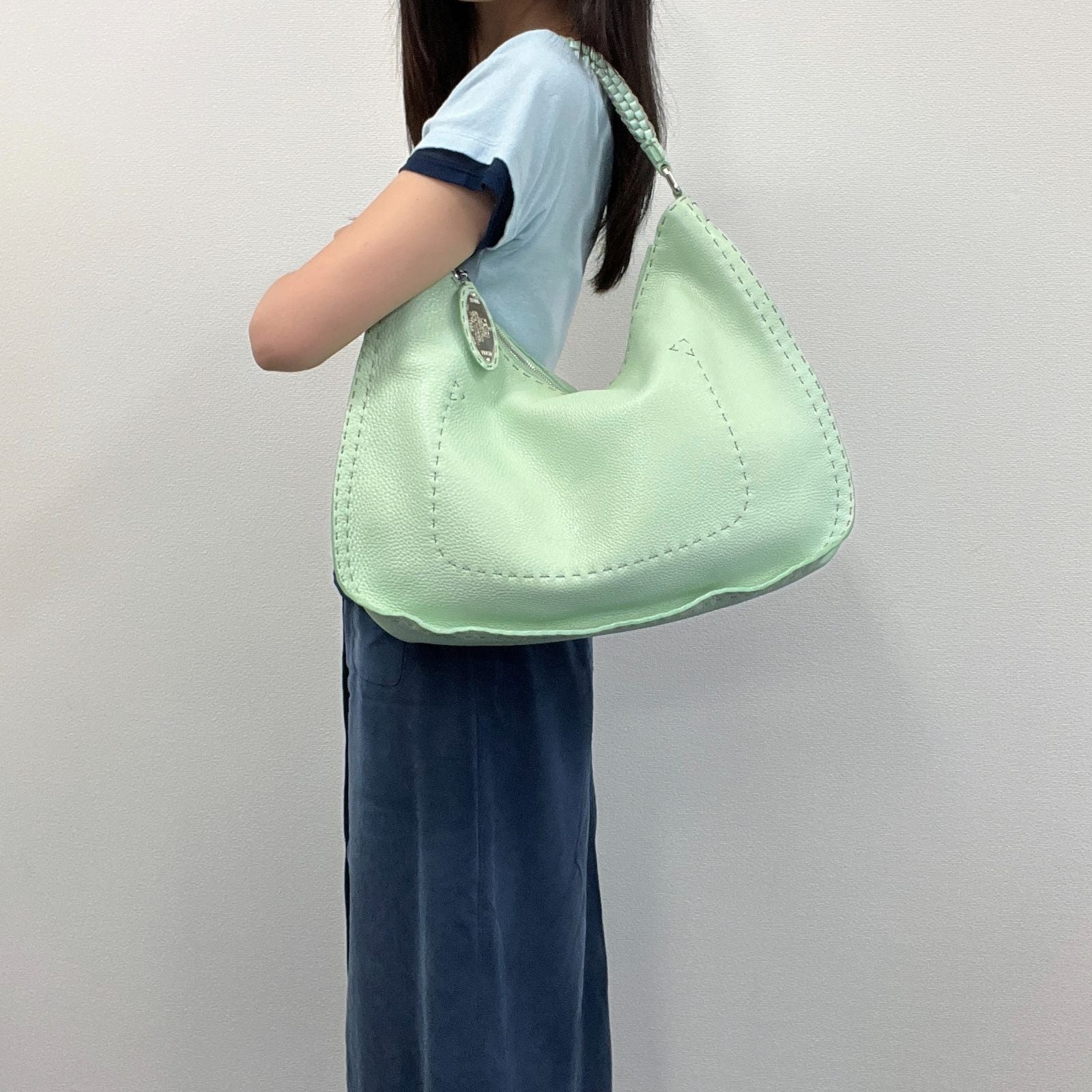 Fendi Selleria Stitch Shoulder Bag Leather Mint Green Silver Vintage