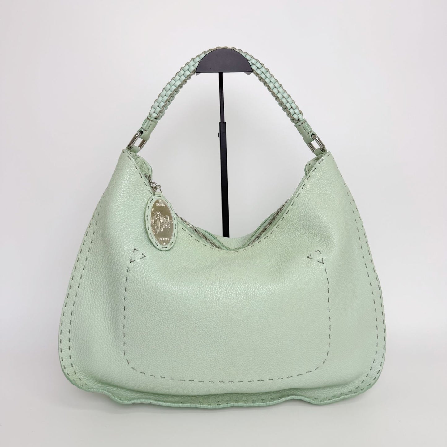 Fendi Selleria Stitch Shoulder Bag Leather Mint Green Silver Vintage — view 2