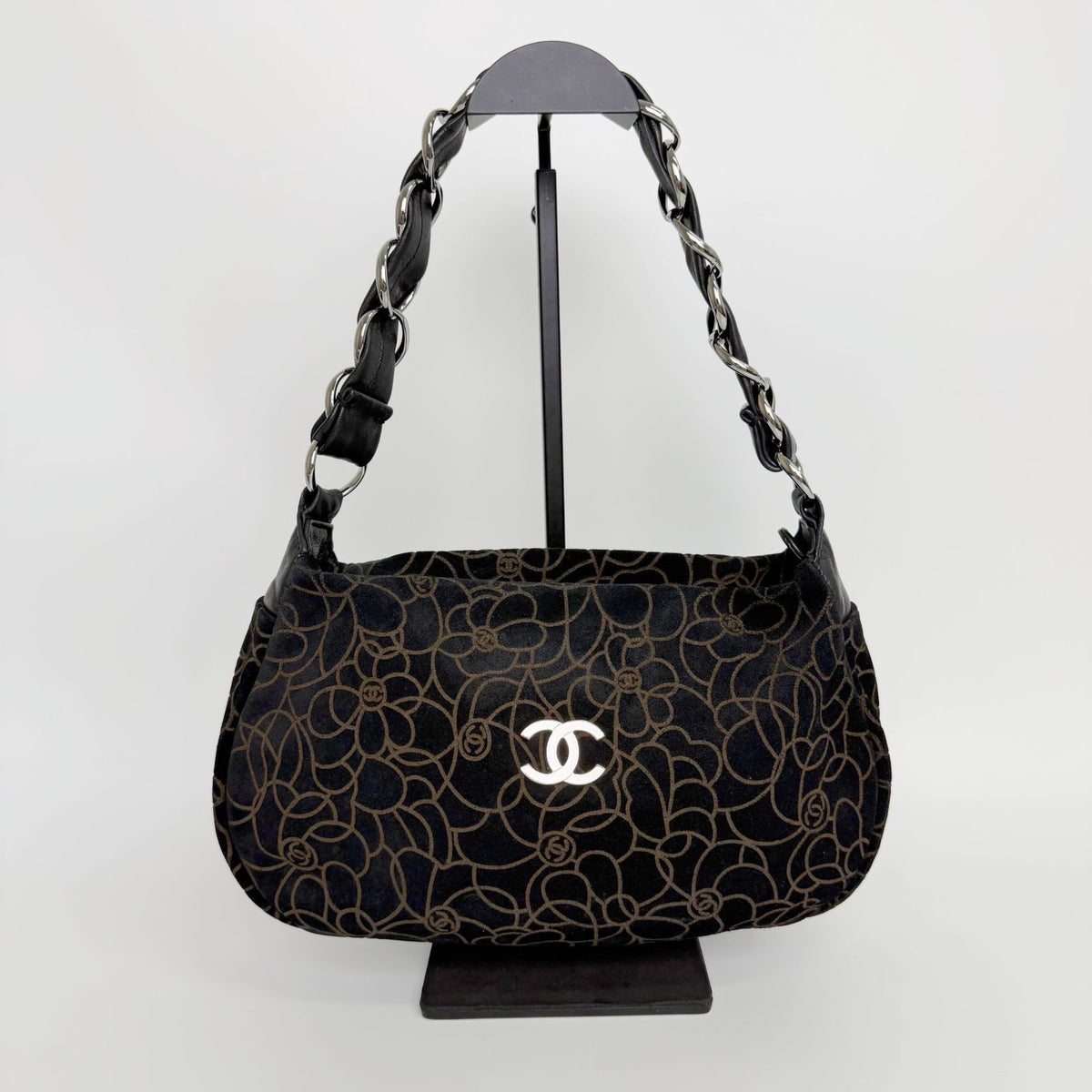 Chanel Camellia Print CC Logo Chain Shoulder Bag Suede Leather Black Silver