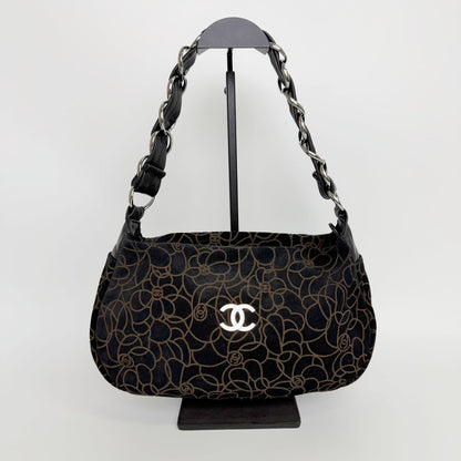 Chanel Camellia Print CC Logo Chain Shoulder Bag Suede Leather Black Silver