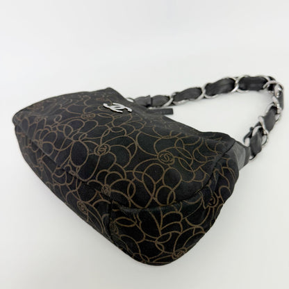 Chanel Camellia Print CC Logo Chain Shoulder Bag Suede Leather Black Silver — view 8