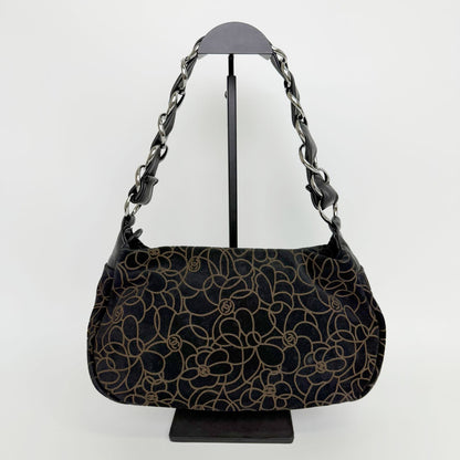 Chanel Camellia Print CC Logo Chain Shoulder Bag Suede Leather Black Silver — view 2