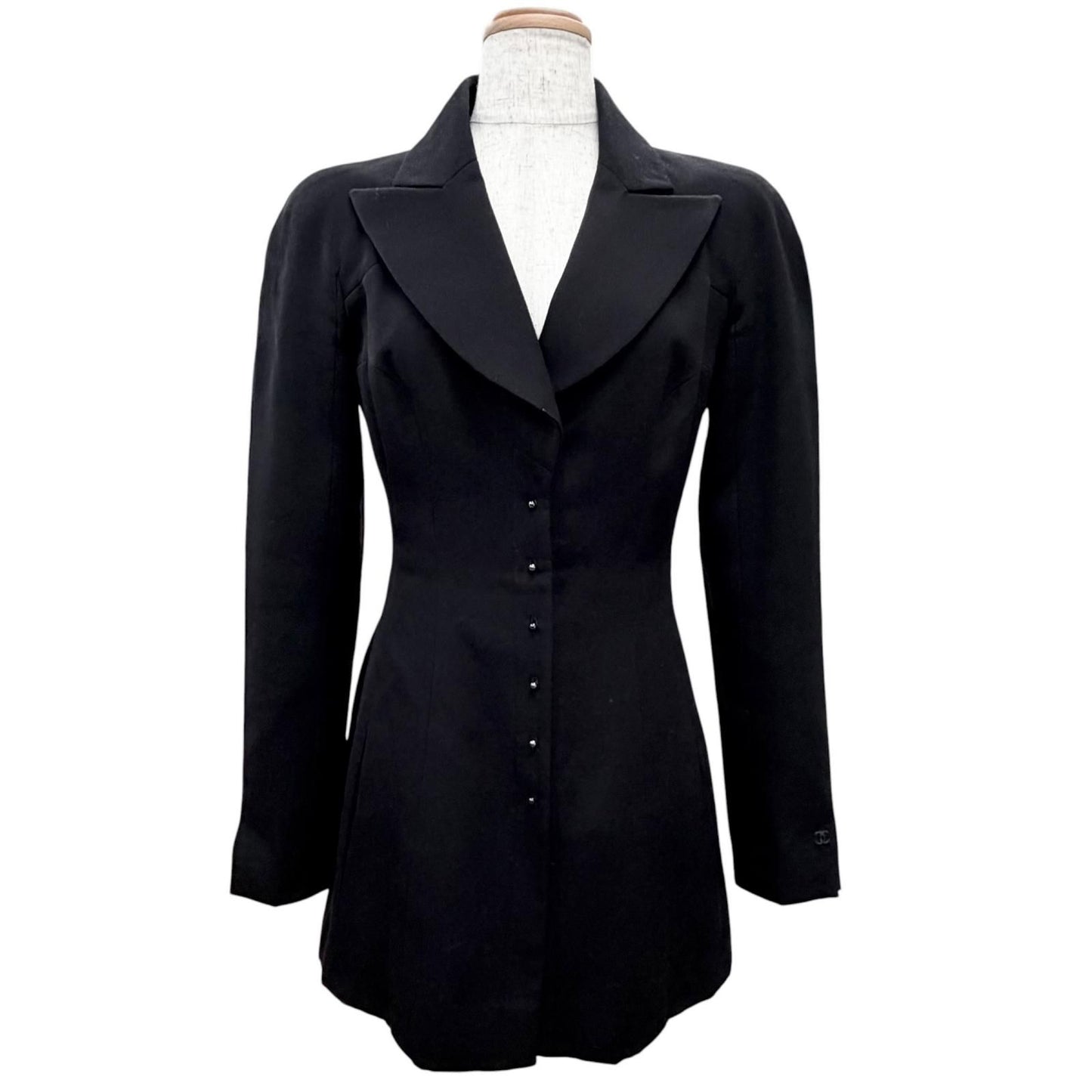 Chanel Vintage Wool CC Logo Tuck Button Peak Lapel Jacket Black 34