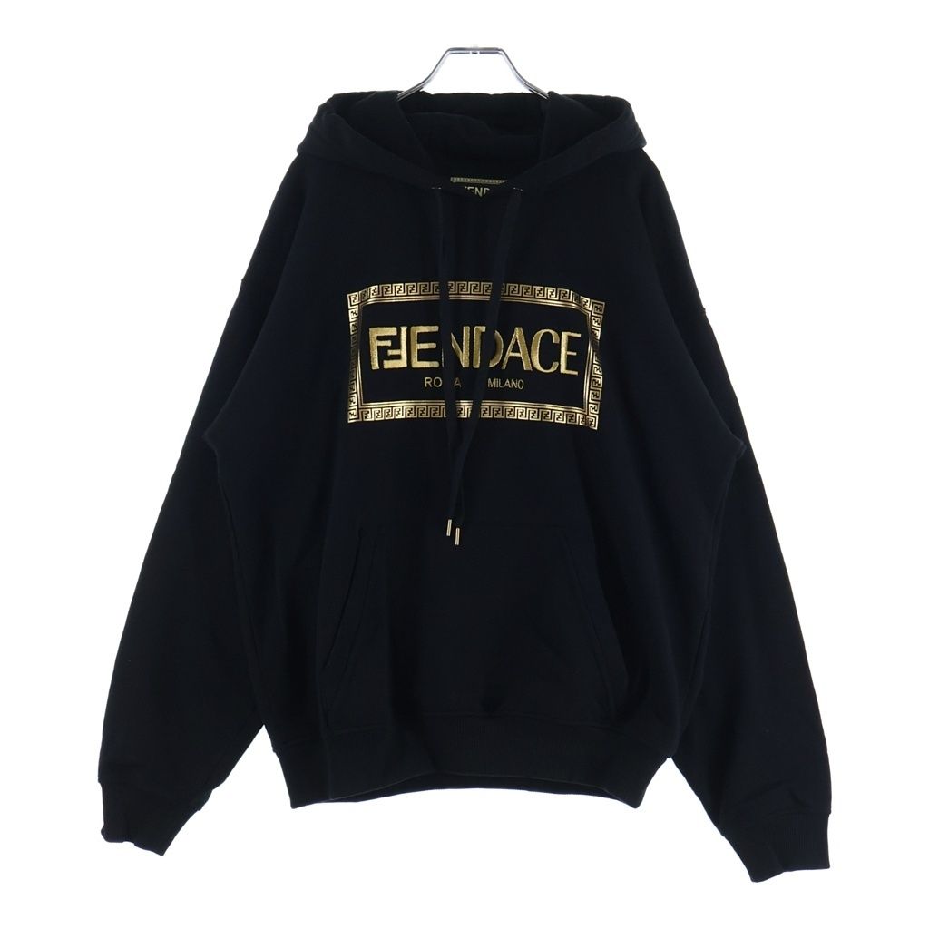 Fendi Front Fendace Logo Print Pullover Sweatshirt Hoodie Black Gold