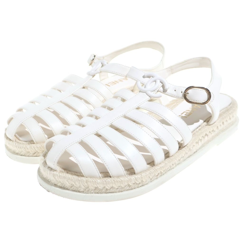 Chanel CC Logo Lace Up Sandals Leather White — view 2
