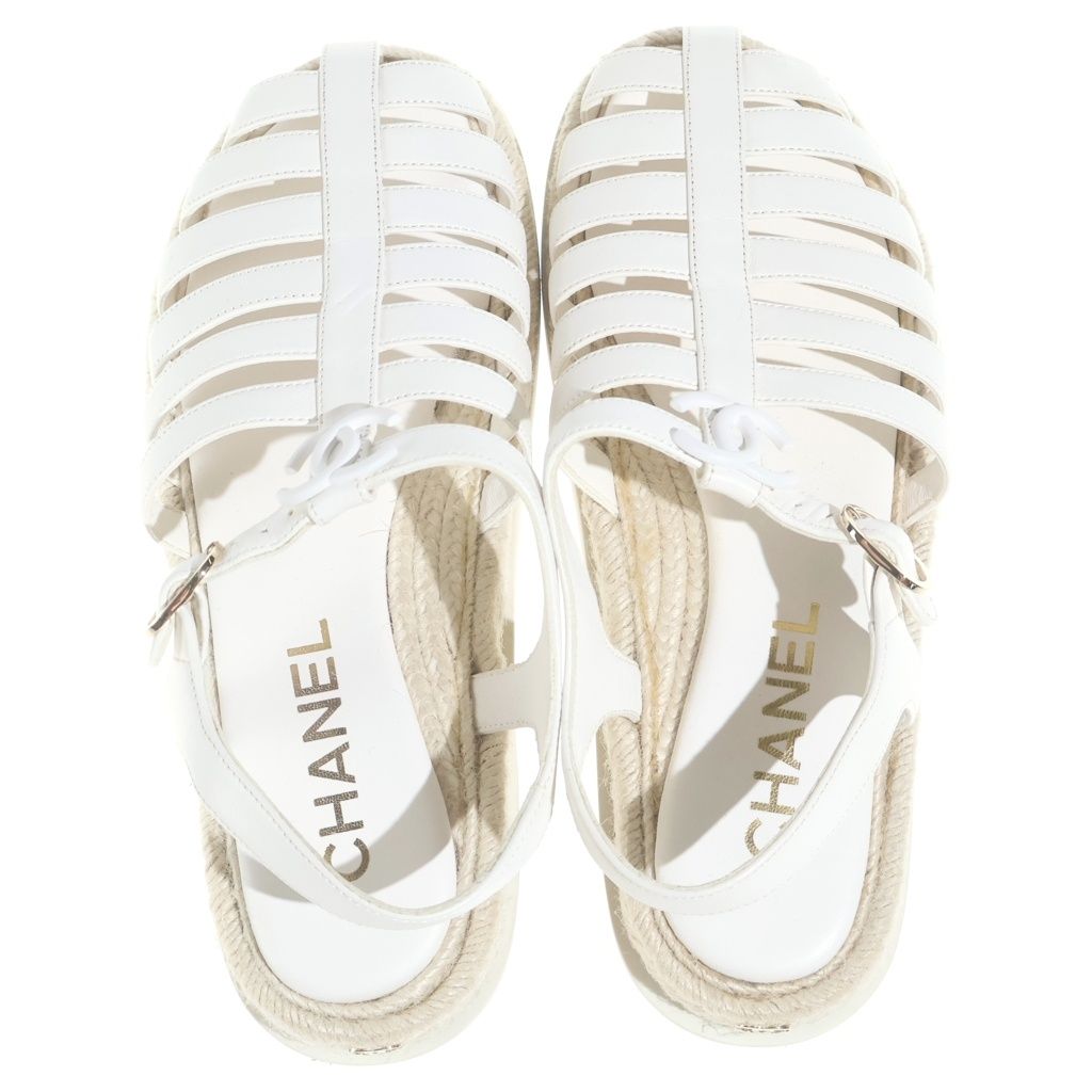 Chanel CC Logo Lace Up Sandals Leather White — view 4