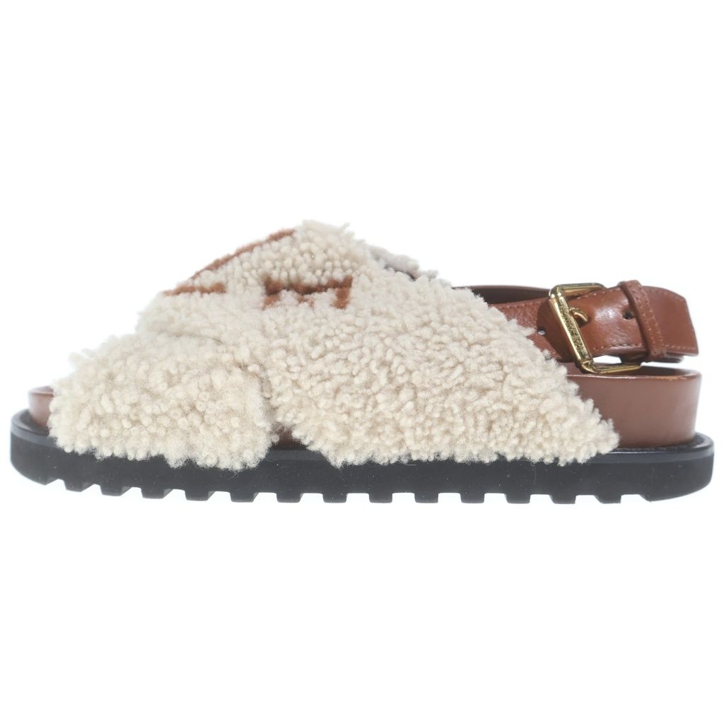 Louis Vuitton Paseo Line Monogram Fleece Shearling Leather Flat Sandals Shoes
