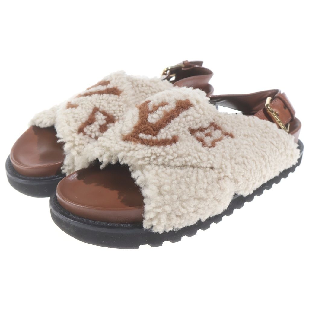 Louis Vuitton Paseo Line Monogram Fleece Shearling Leather Flat Sandals Shoes — view 2