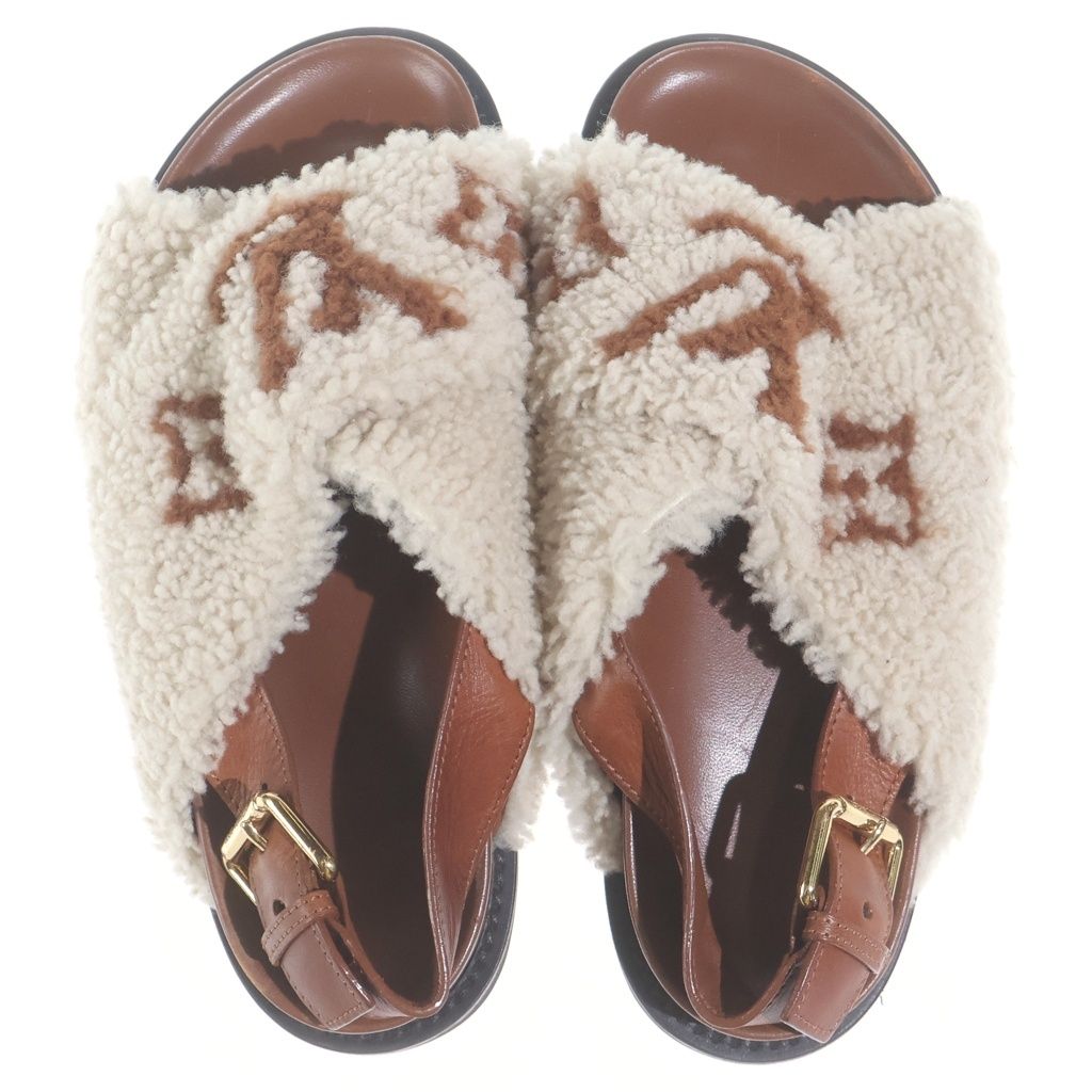 Louis Vuitton Paseo Line Monogram Fleece Shearling Leather Flat Sandals Shoes — view 4