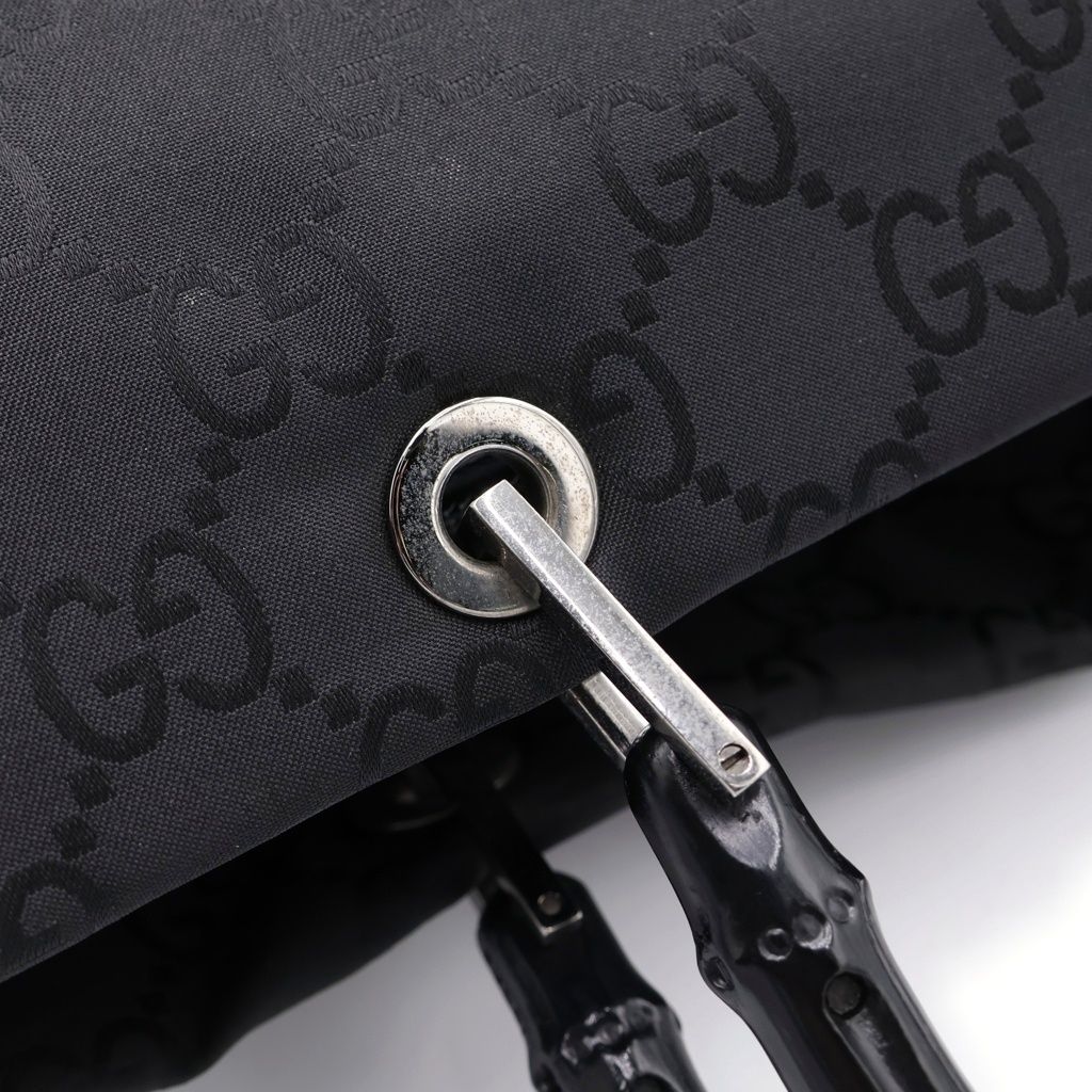 Gucci Tote Bag Back Bamboo GG Canvas Silver Nylon Black — view 7