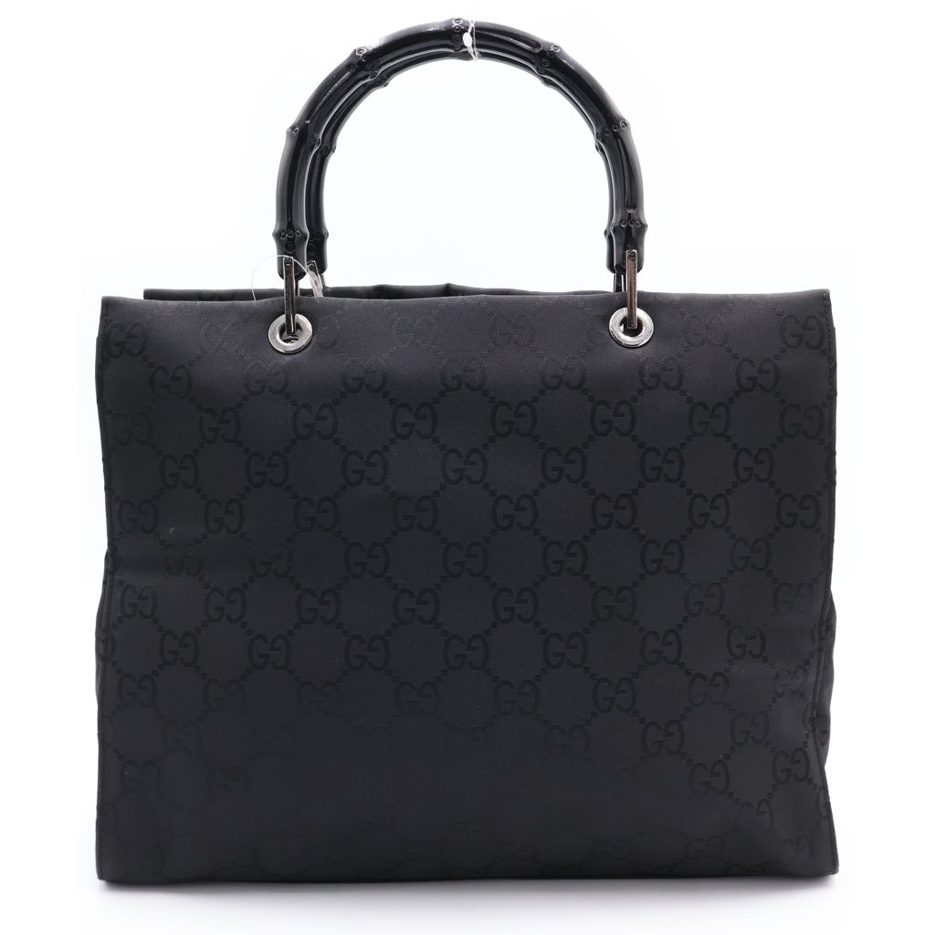 Gucci Tote Bag Back Bamboo GG Canvas Silver Nylon Black