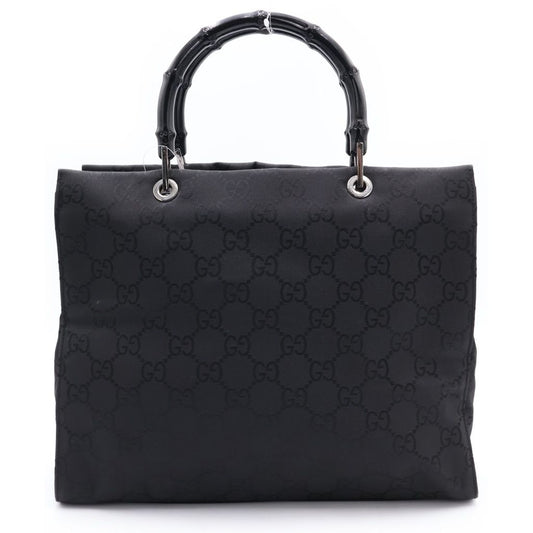 Gucci Tote Bag Back Bamboo GG Canvas Silver Nylon Black