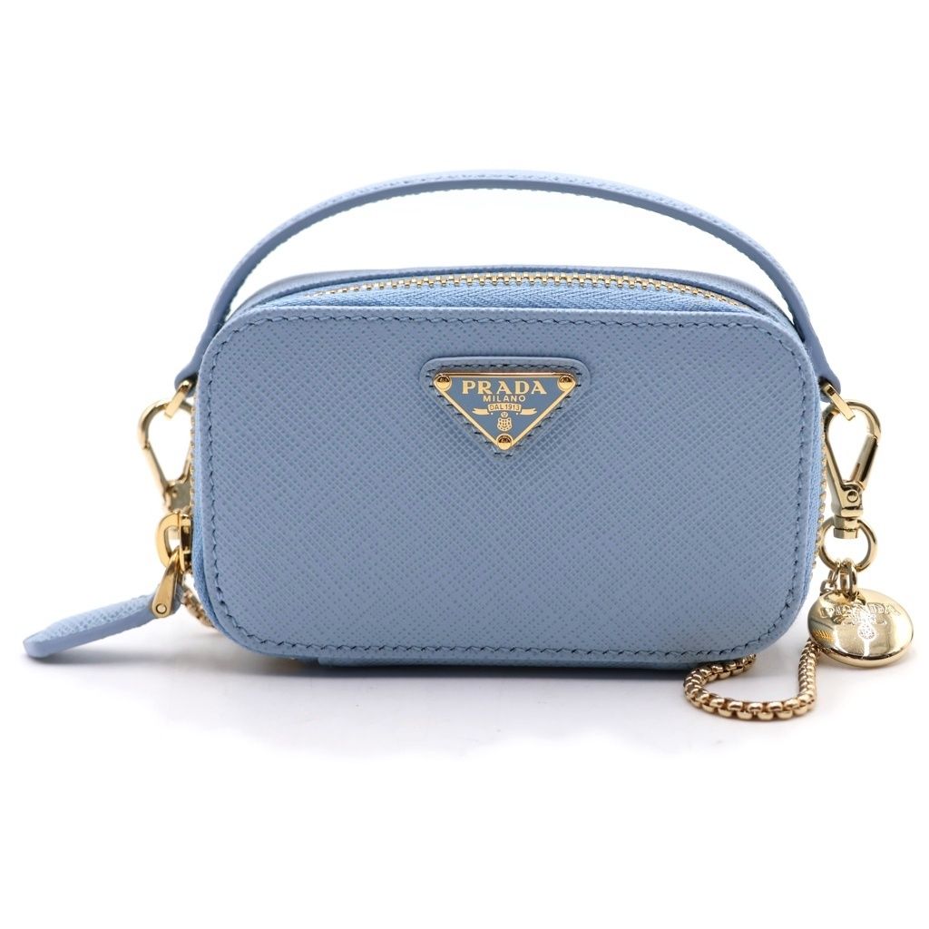 Prada Saffiano Triangle Mini Pouch Shoulder Bag Light Blue Leather Gold