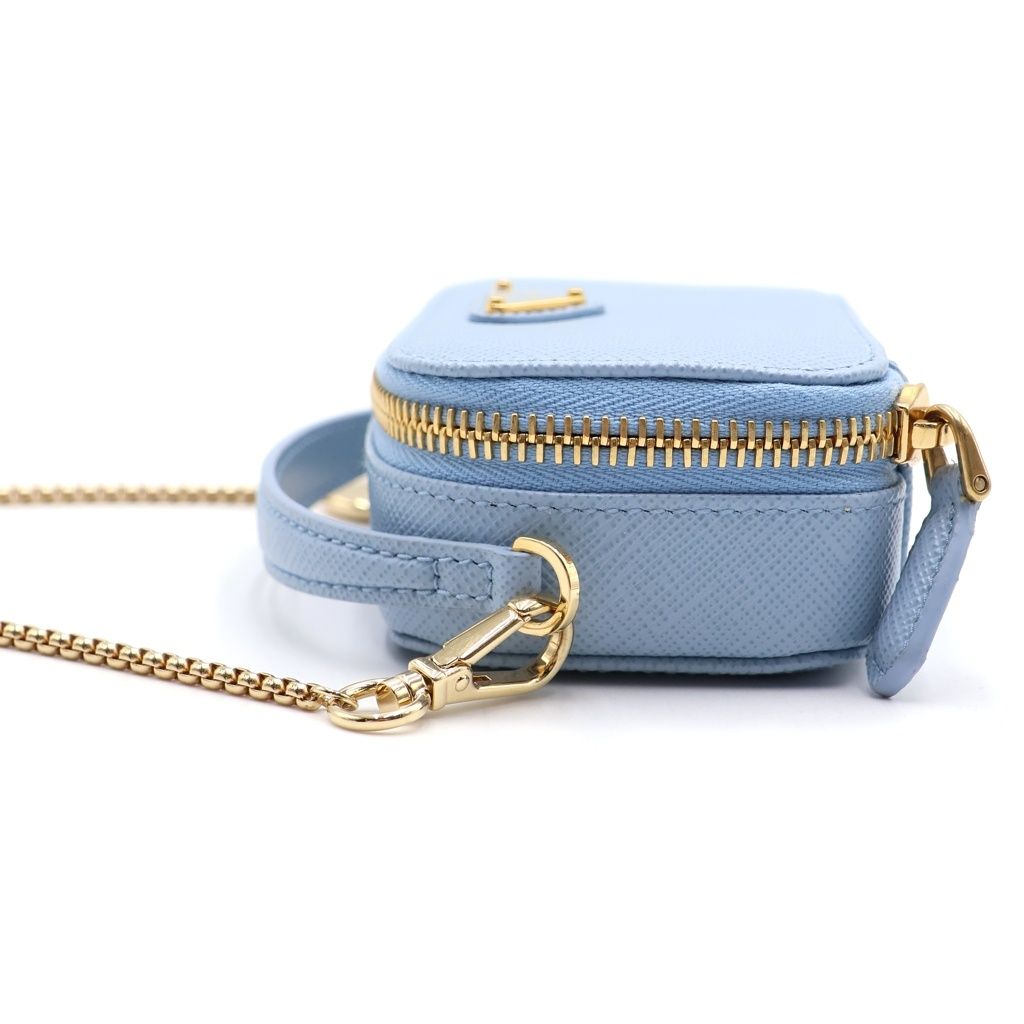 Prada Saffiano Triangle Mini Pouch Shoulder Bag Light Blue Leather Gold — view 3