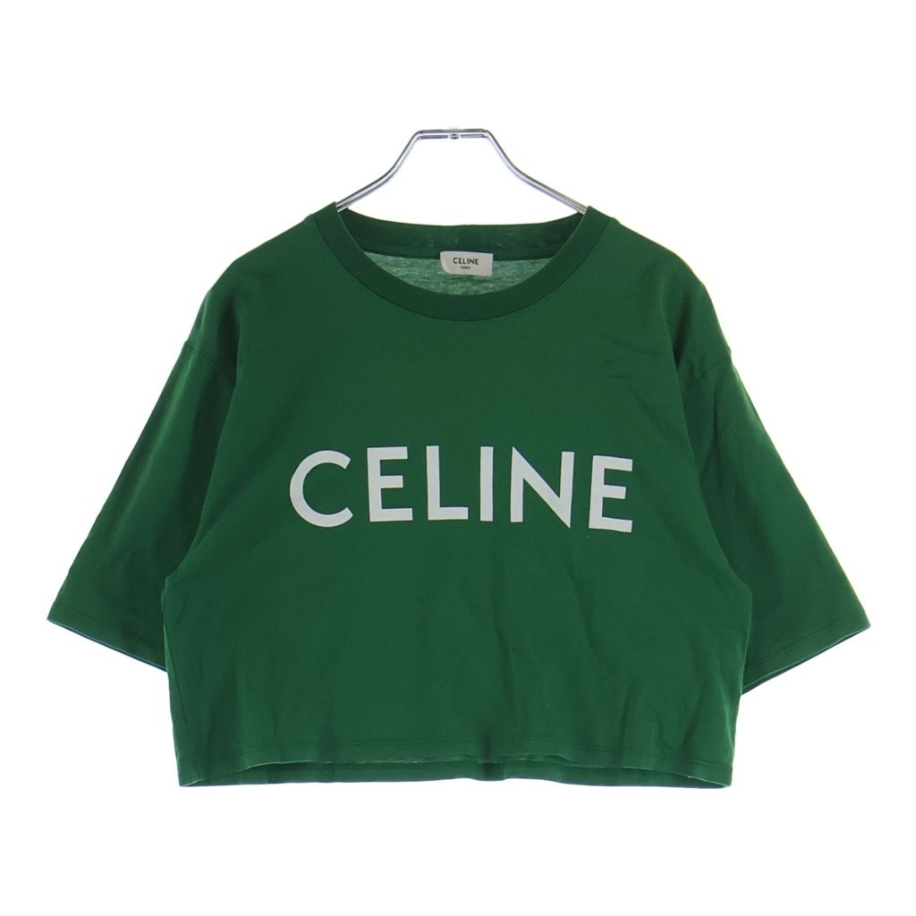 Celine T-Shirt Cropped Logo Print Short Sleeve Green