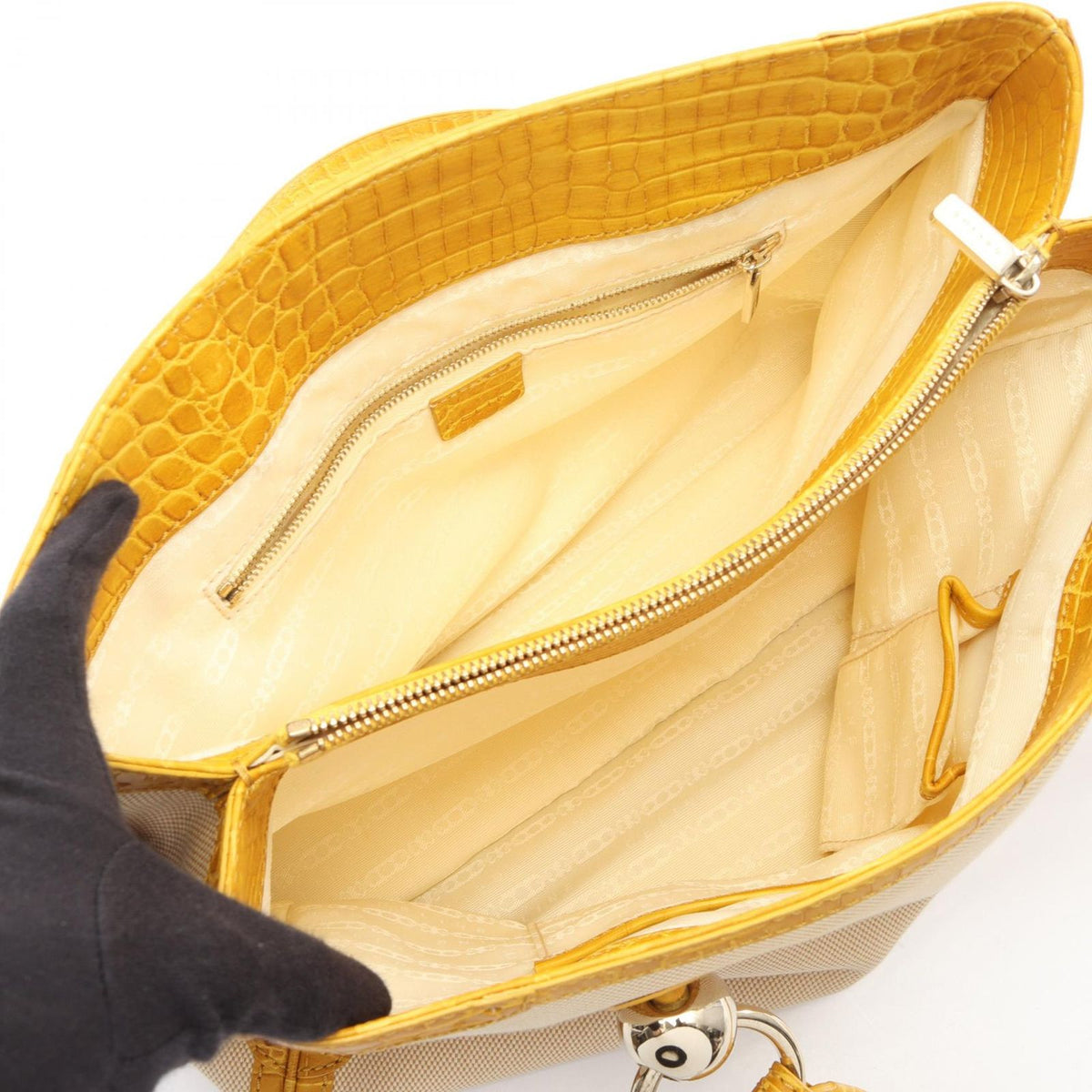 Celine Tote Bag Croco Embossed Natural Yellow Canvas Leather — view 3