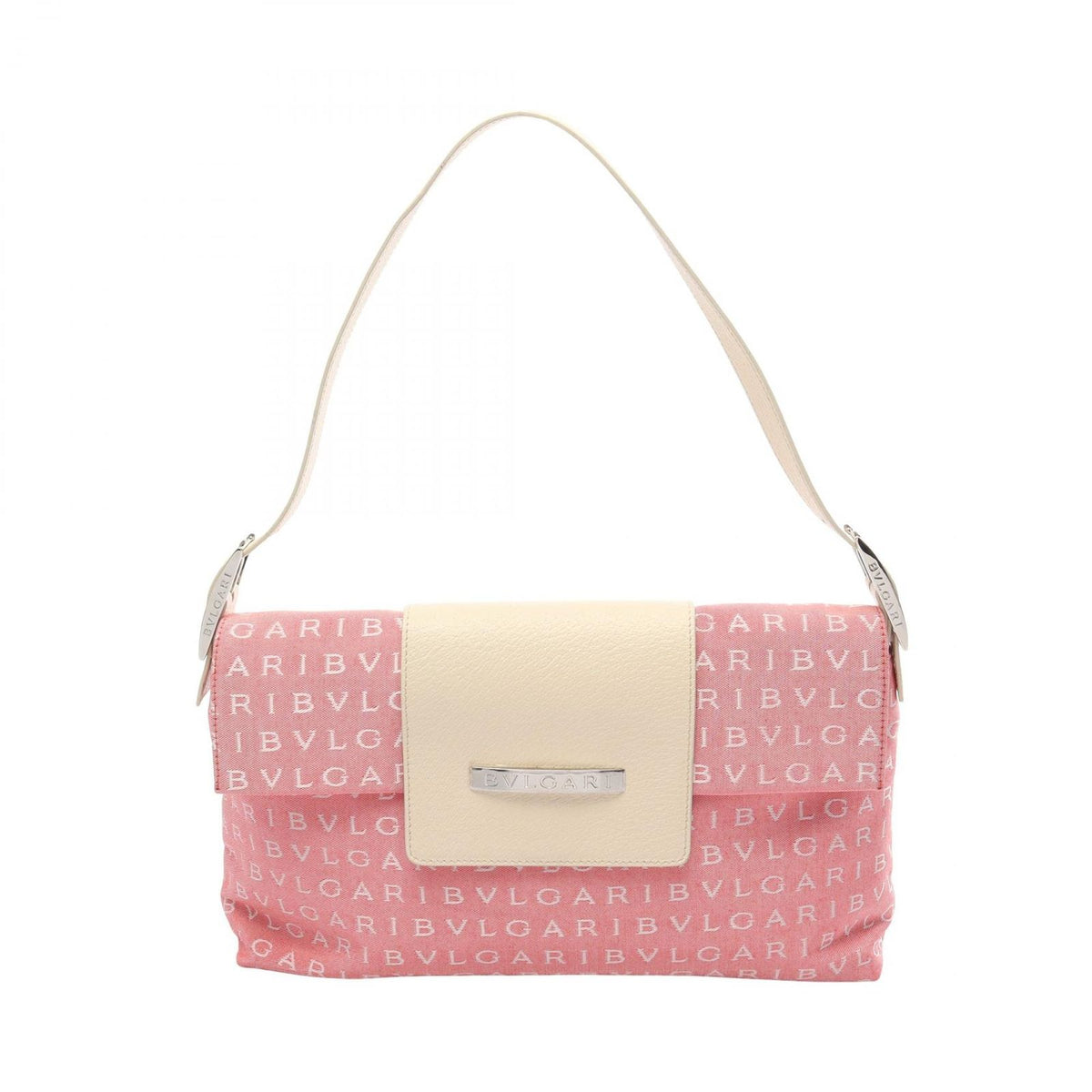 Bvlgari Shoulder Bag Logo Mania Pink White Canvas Leather
