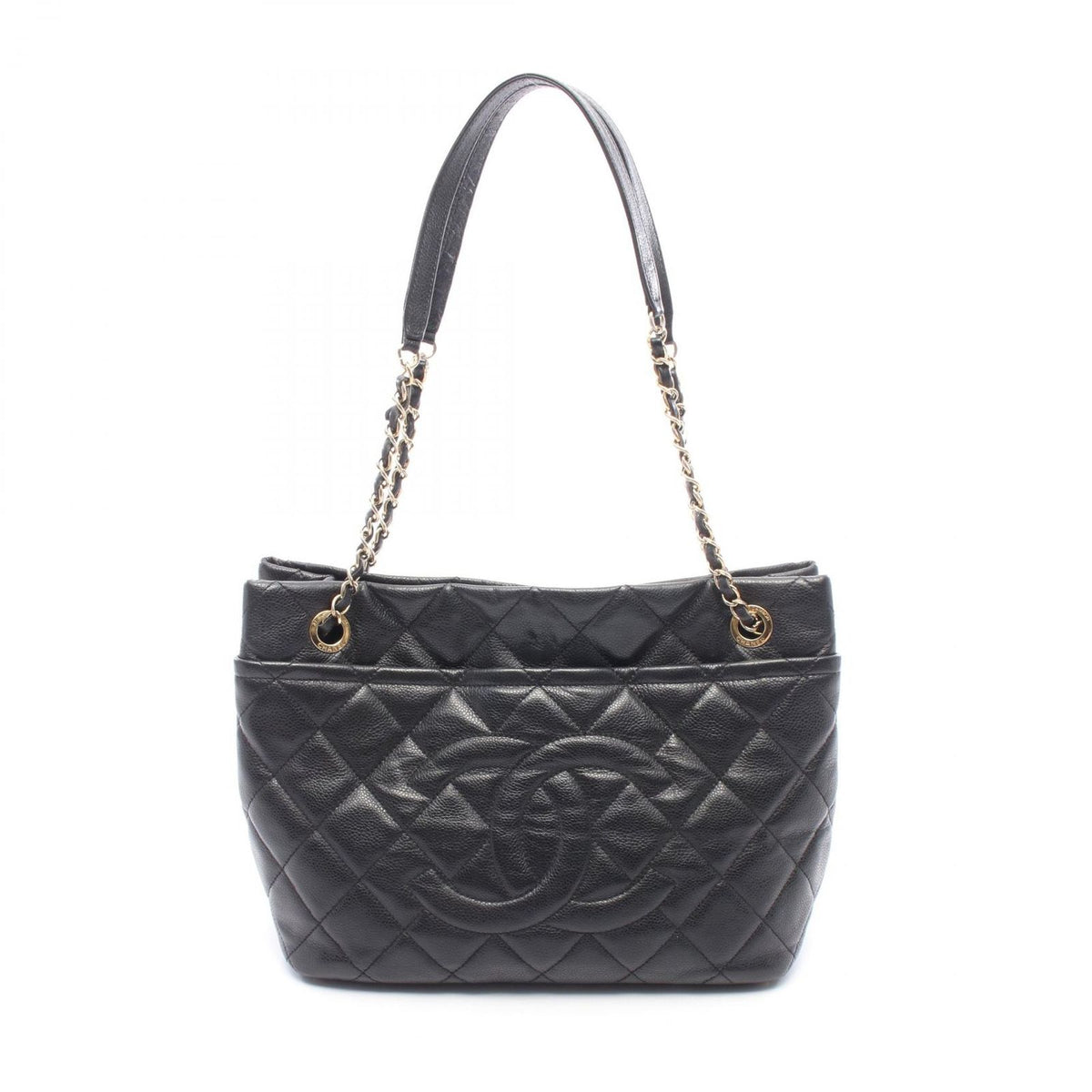 Chanel Tote Bag Quilted CC Logo Black Caviar Leather CC Chain