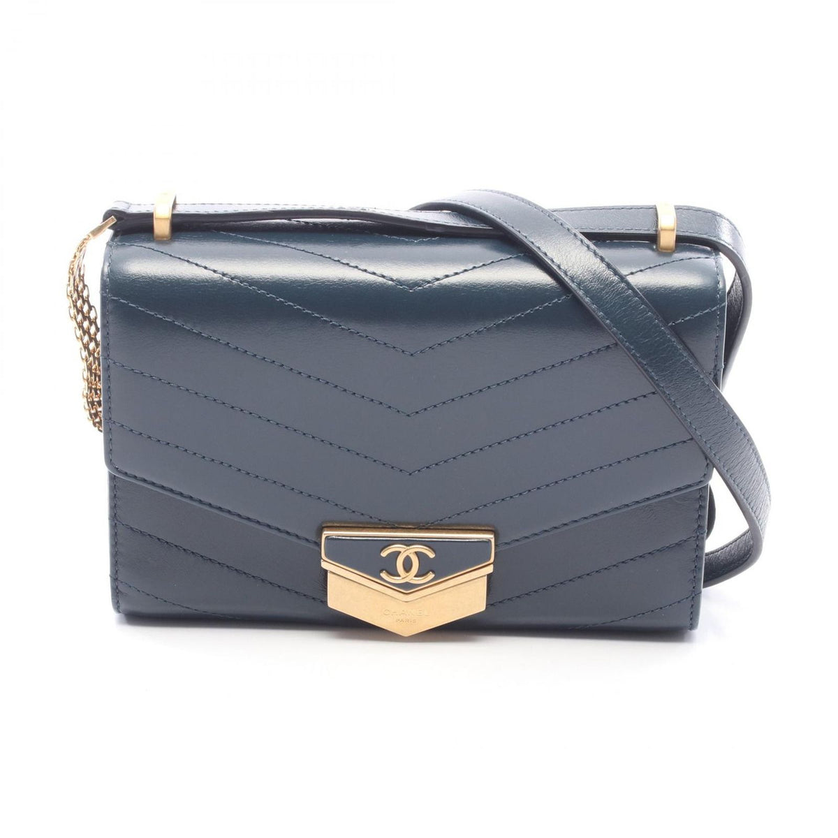 Chanel Shoulder Bag Blanc Stitch Blue Green Leather Chain