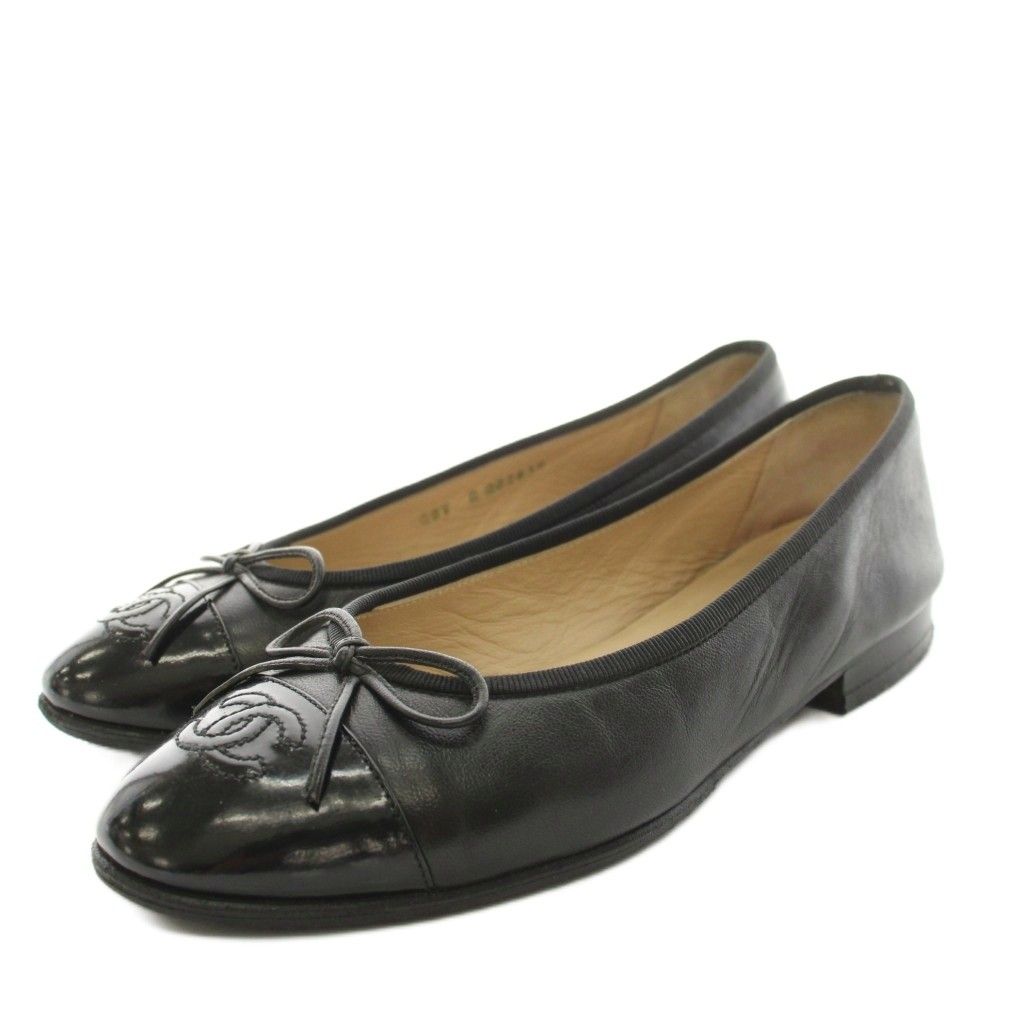 Chanel Ballerina Ballet Shoes Leather CC Logo Ribbon Black a YT 36.5