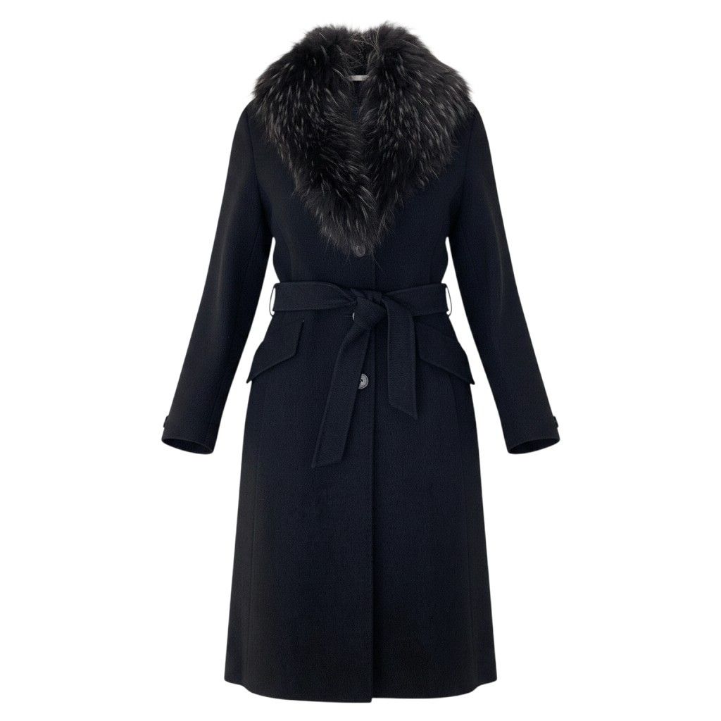 Max Mara Luc'n Fur Belted Coat Long 42 Black