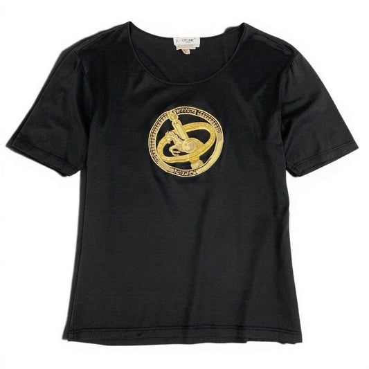 Celine Carriage Logo Embroidery Short Sleeve T-Shirt Vintage Black Cotton