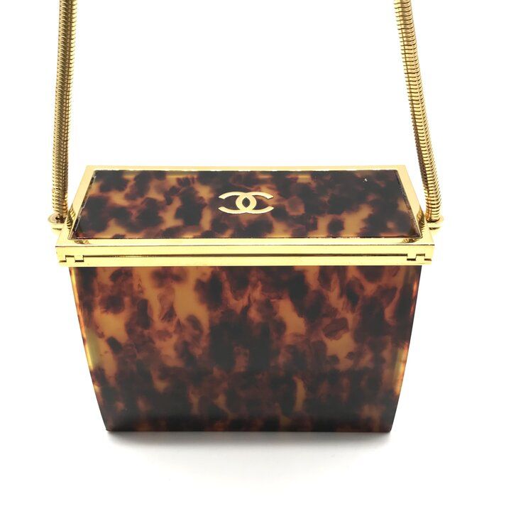 Chanel CC Logo Vintage Tortoiseshell Evening Shoulder Bag Brown Snake Chain — view 2
