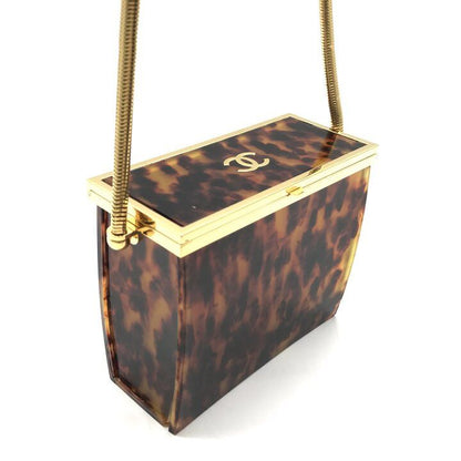 Chanel CC Logo Vintage Tortoiseshell Evening Shoulder Bag Brown Snake Chain — view 3