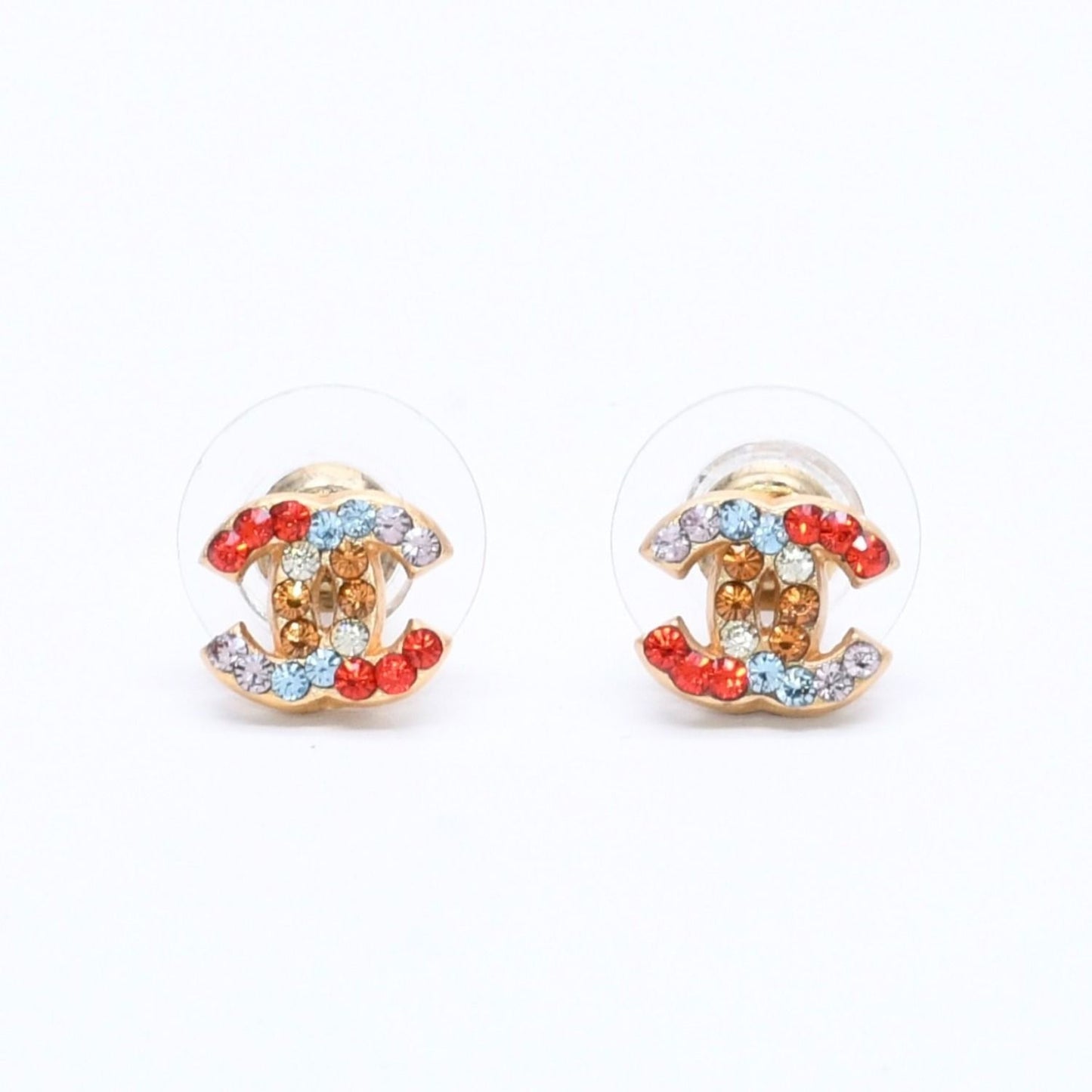 Chanel Earrings CC Logo Rhinestone Gold Multicolor 03