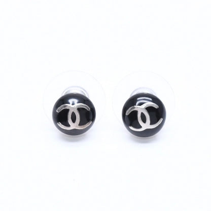 Chanel Button Earrings CC Logo Black Silver 03