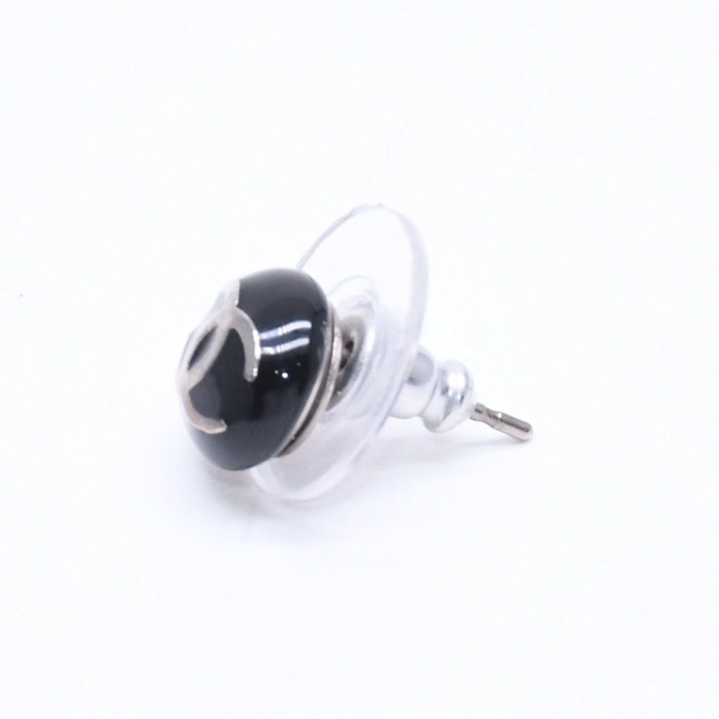 Chanel Button Earrings CC Logo Black Silver 03 — view 5
