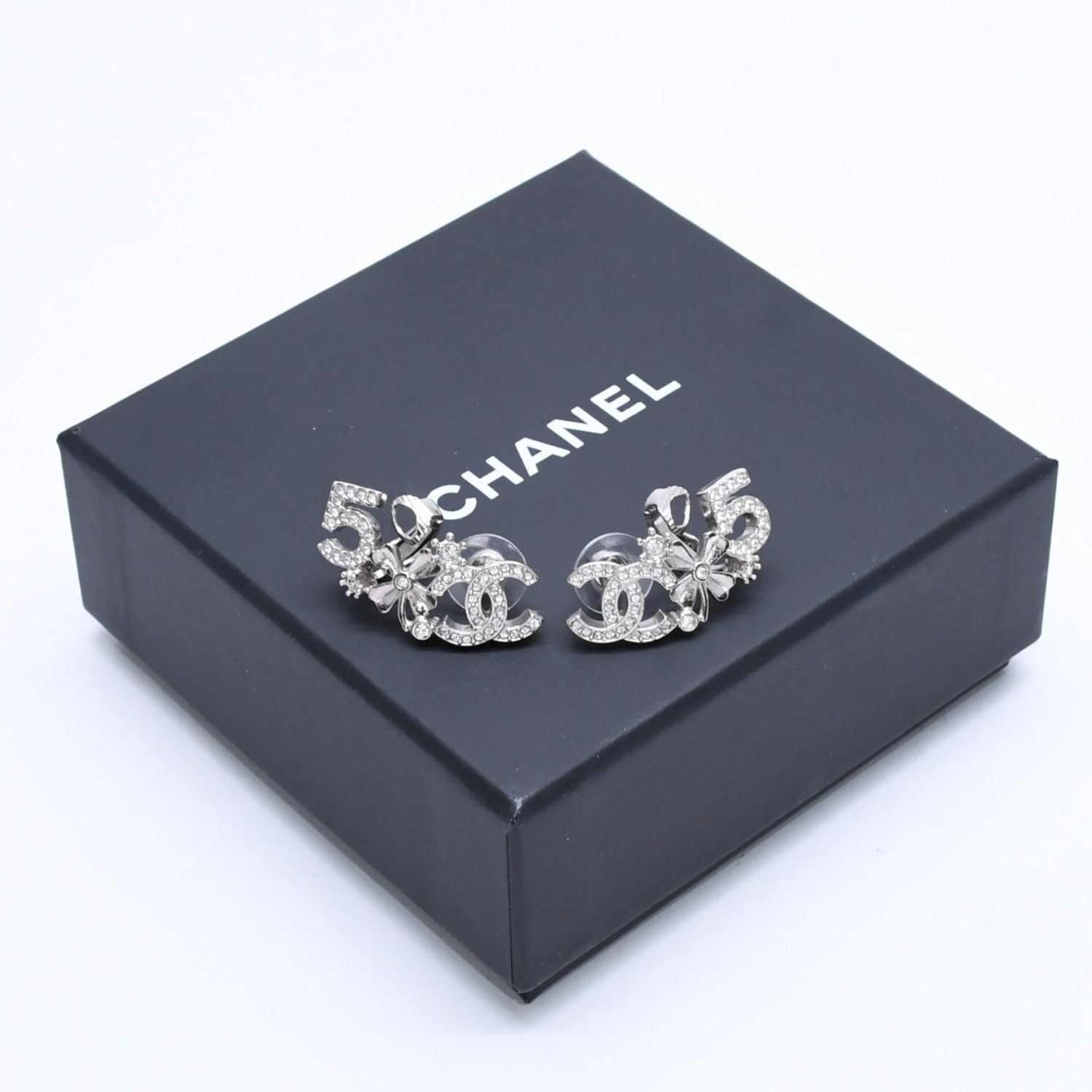 Chanel Earrings Cuff CC Logo & Stamp Metal Rhinestone Silver