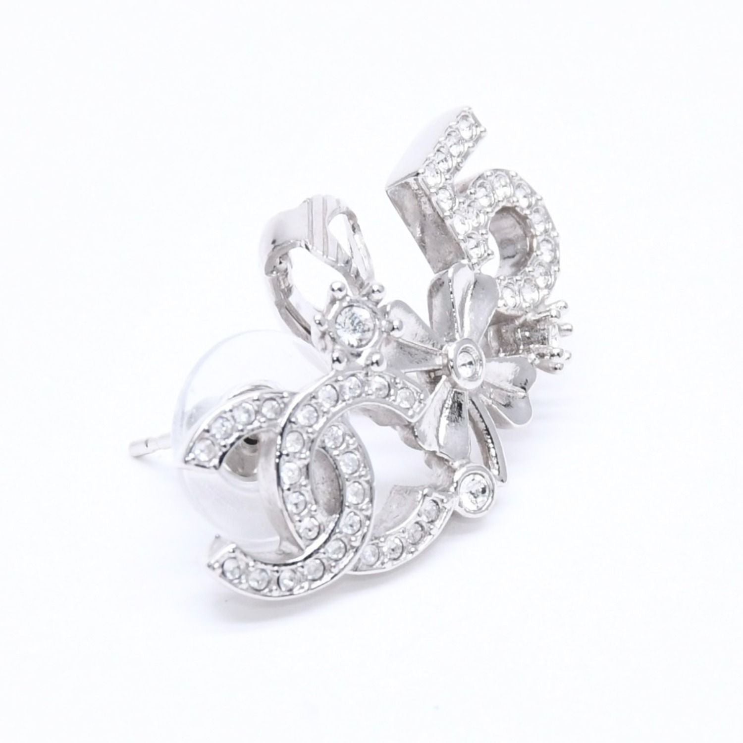 Chanel Earrings Cuff CC Logo & Stamp Metal Rhinestone Silver — view 4