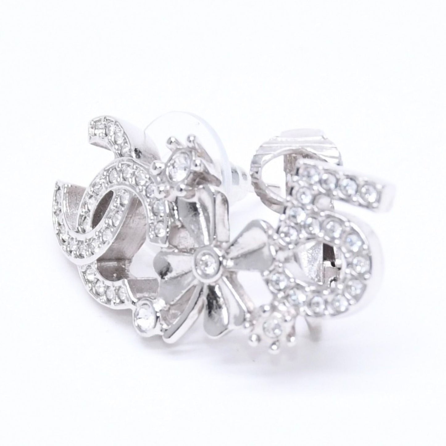 Chanel Earrings Cuff CC Logo & Stamp Metal Rhinestone Silver — view 3