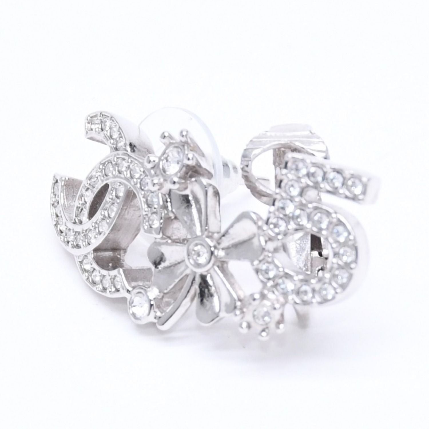 Chanel Earrings Cuff CC Logo & Stamp Metal Rhinestone Silver — view 3