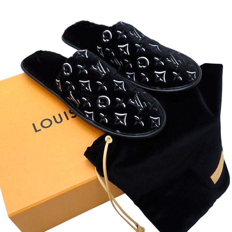 Louis Vuitton LV Suit Line Mules Slippers Room Shoes 42 Velvet Mink Black