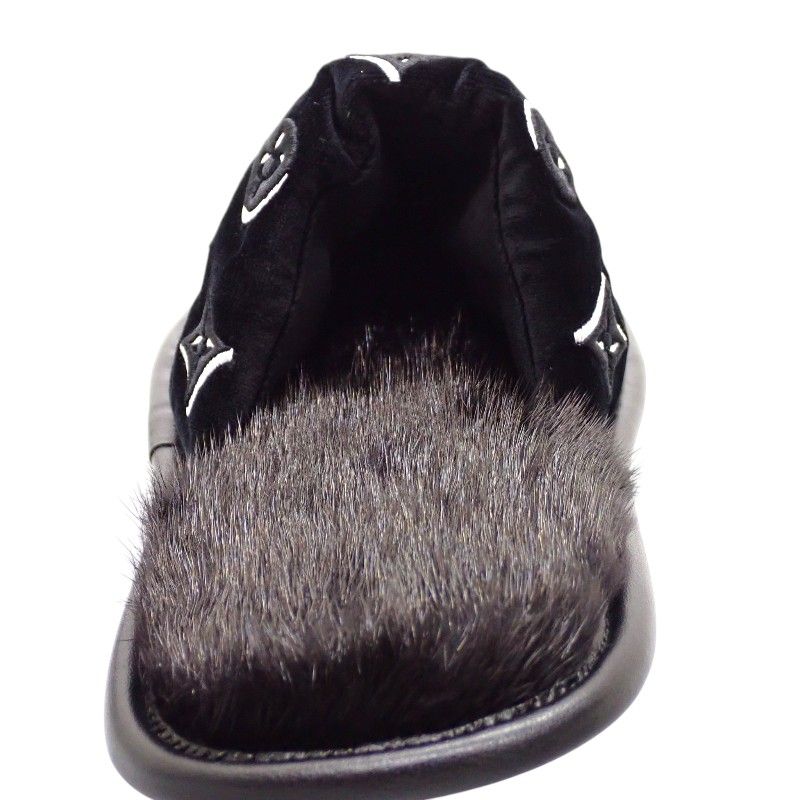 Louis Vuitton LV Suit Line Mules Slippers Room Shoes 42 Velvet Mink Black — view 6